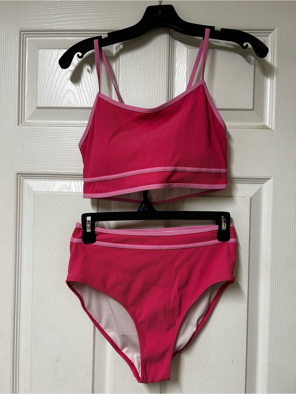 Pink Ribbed Two-Piece High Waisted Swim Set